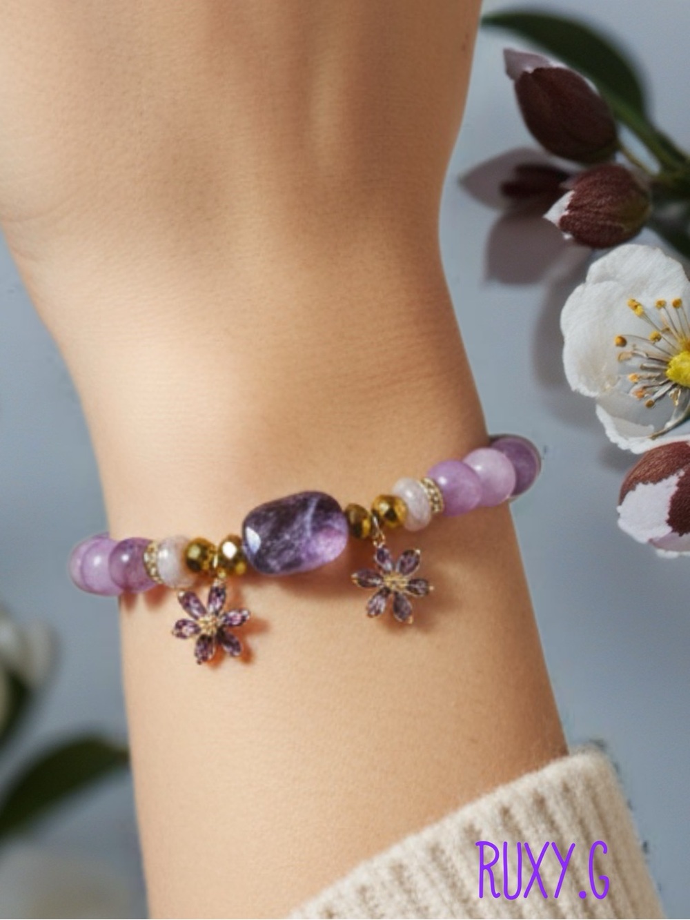 Purple Gemstone Flower Charm Bracelet